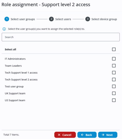 Role assignment wizard showing step 1, Select user groups, with a searchable list of user groups and navigation buttons.